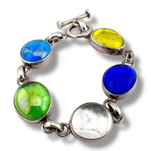Rare Vtg Silpada 925 Bold Multicolor Glass Cabochon link Bracelet B0797